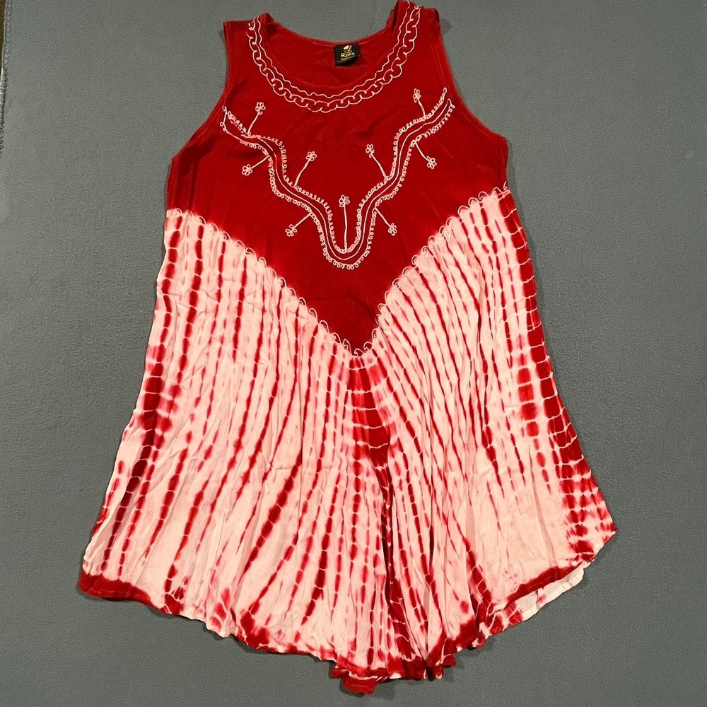 Rima Boho Mini Tunic Dress Free Size Tie Dye Embroidered Sleeveless Red White